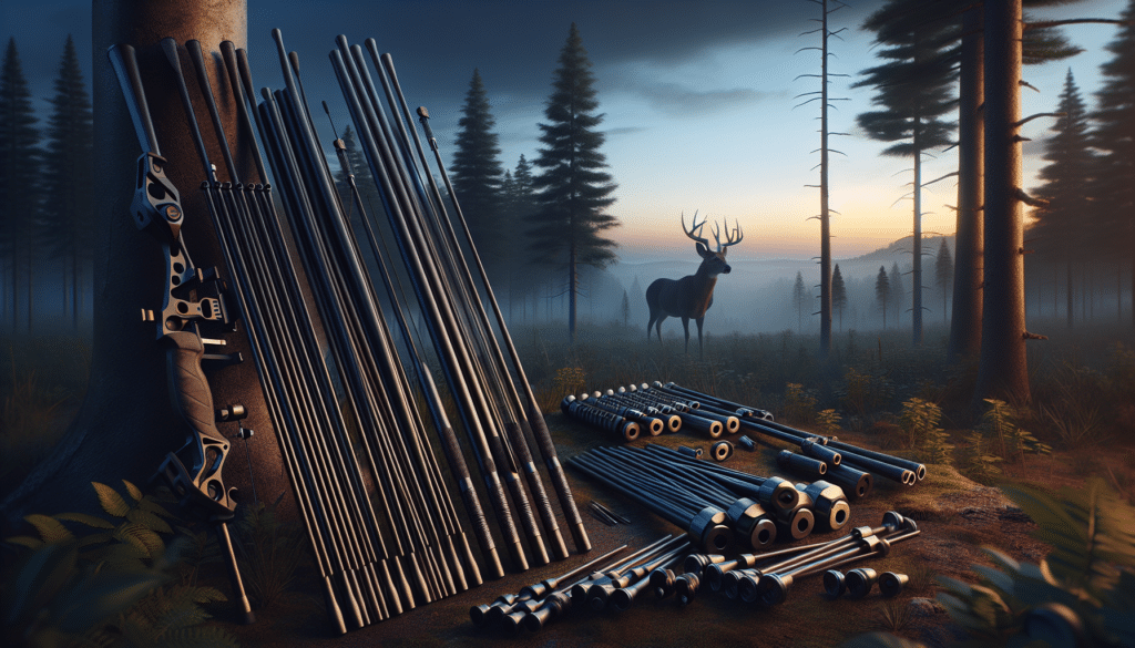 A highly detailed image set in the wilderness at dusk. The focus of the image is an assortment of different length stabilizers kept neatly beside a generic, unbranded hunting bow. To show context and scale, include a few trees around the site and a deer in the distance. Make sure there are no brand names or logos on any of the items, and no human figures are included in the scene. Reflect the importance of stabilizers to bow hunting with the precision and realism of the depiction.