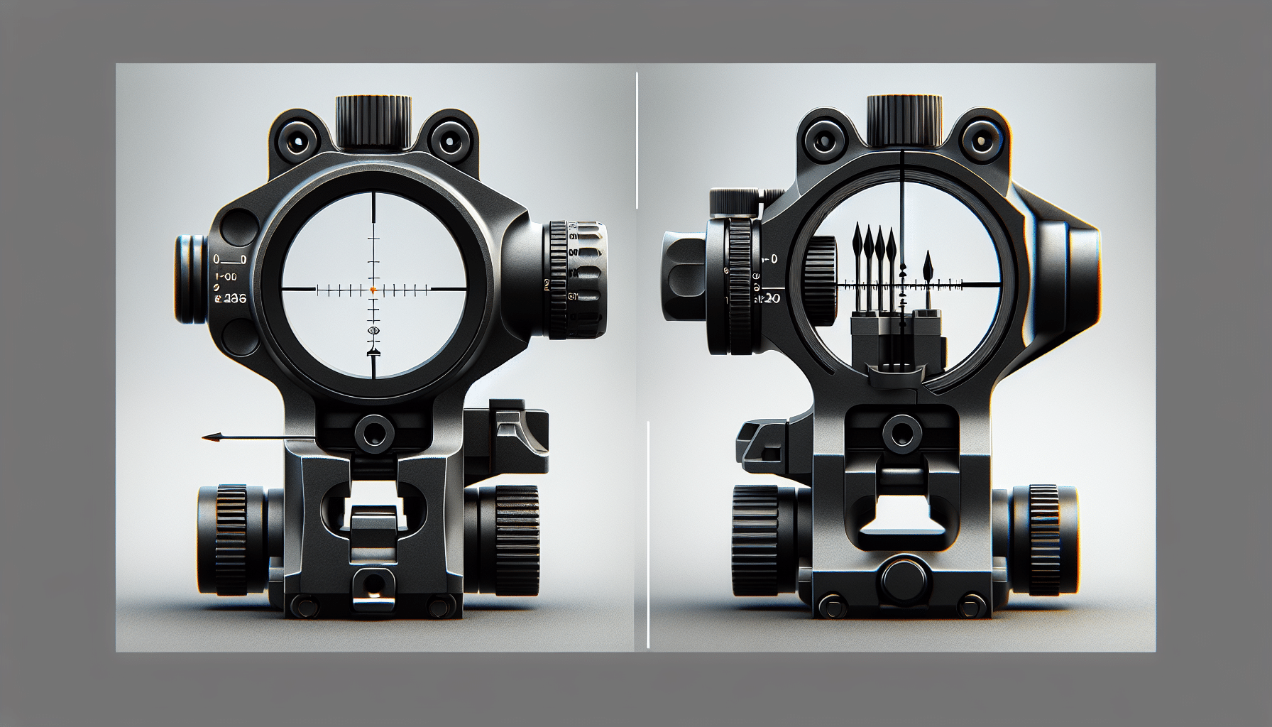 Generate a hyper-realistic image depicting a side by side comparison of two unbranded bow sights. To the left, show a multi-pin bow sight, having its pins aligned vertically, with an adjustable slider at the bottom. To the right, portray the second sight with a single, movable pin design. Both should be made with premium materials, exhibiting a matt black finish. The design should emphasize the intricate details, like the alignment of pins, the calibration dials and the mounting brackets, to reveal their functionality and robustness. Please refrain from including any brand names, logos, or people in the image.