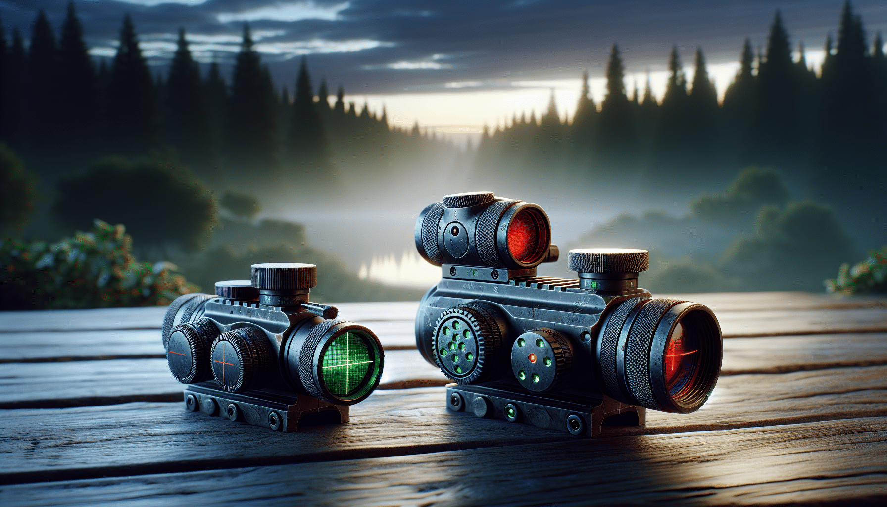 Hyper-realistic detailed depiction of a single pin sight and multi pin sight used for hunting, laid side by side for comparison. They are each set against a backdrop of a tranquil forest at dusk, illustrating the context of their use. The single pin sight is on the left, with a vivid red dot as the focal point. On the right, the multi pin sight showcases multiple green dots for different distances. Each piece of equipment is detailed and meticulously crafted, weathered from use, but well-maintained. There are no people, text, brand names or logos visible in this scene.