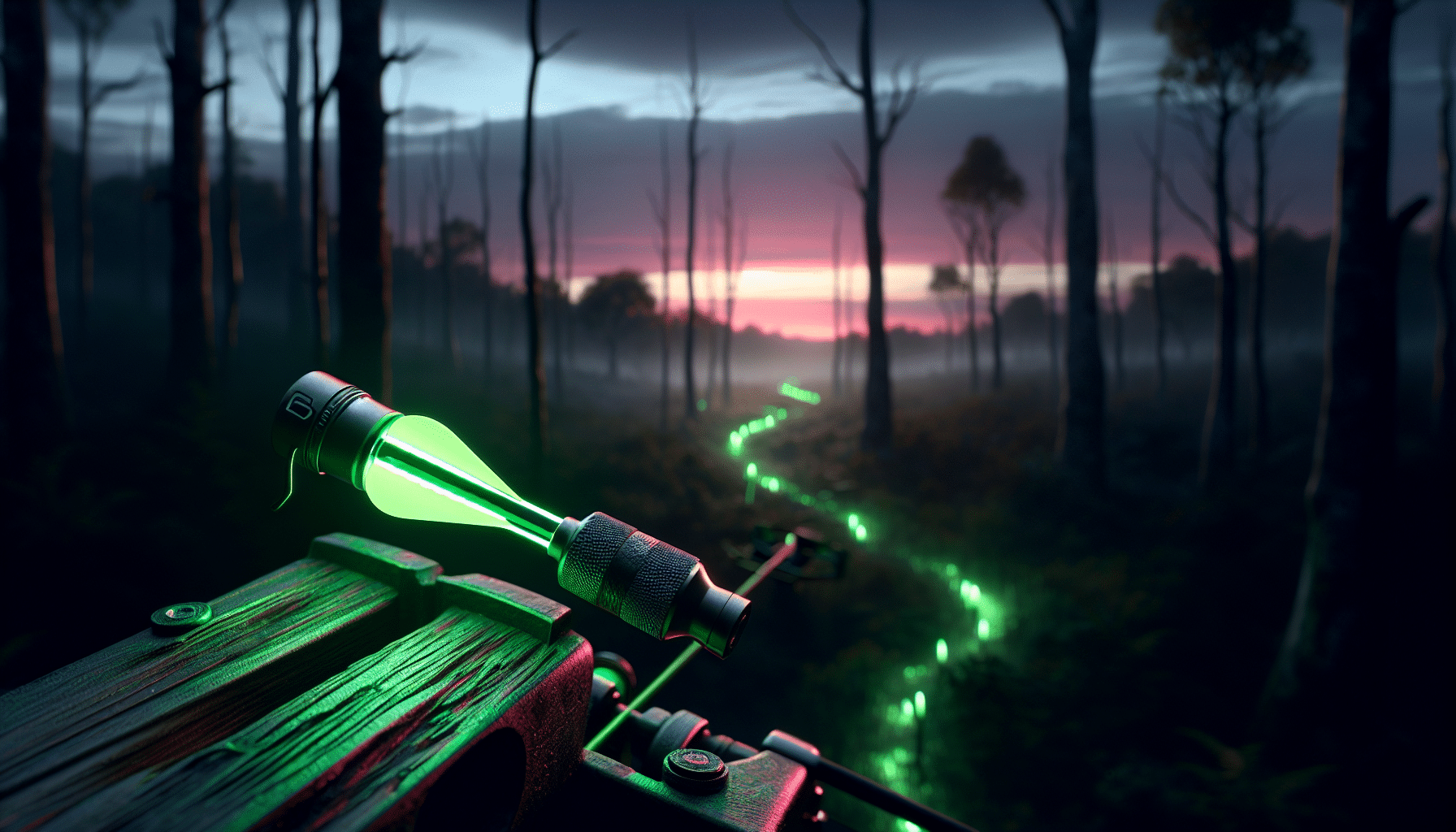 A hyper-realistic image of a lighted nock at twilight. The nock is a vivid neon green and is lit brightly against the dimming, rosy sky. The nock is situated on a rough crossbow bolt, beautifully detailed down to the grain in the wood. In the background, chaos of a forest is seen which can be identified by silhouettes of trees. A trail of the same neon green light can also be visualized, mimicking a path through the undergrowth, representing a trail followed for hunting purposes. There are no people, text, or brand logos included in this image.