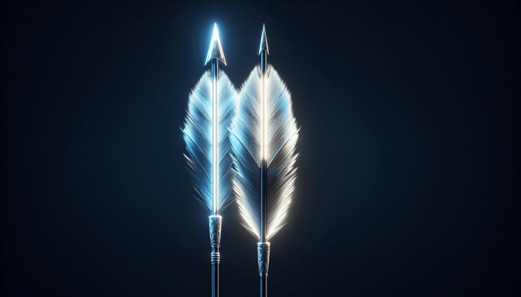 A hyper-realistic image of two arrows, illuminated at their rear ends, one slightly brighter than the other. Both arrows are brilliantly detailed with precision-fletched feathers and intricately carved arrow heads. The arrows are shown in a dark background to highlight their brightness. There are no text, brand names, logos, or human figures within the image.
