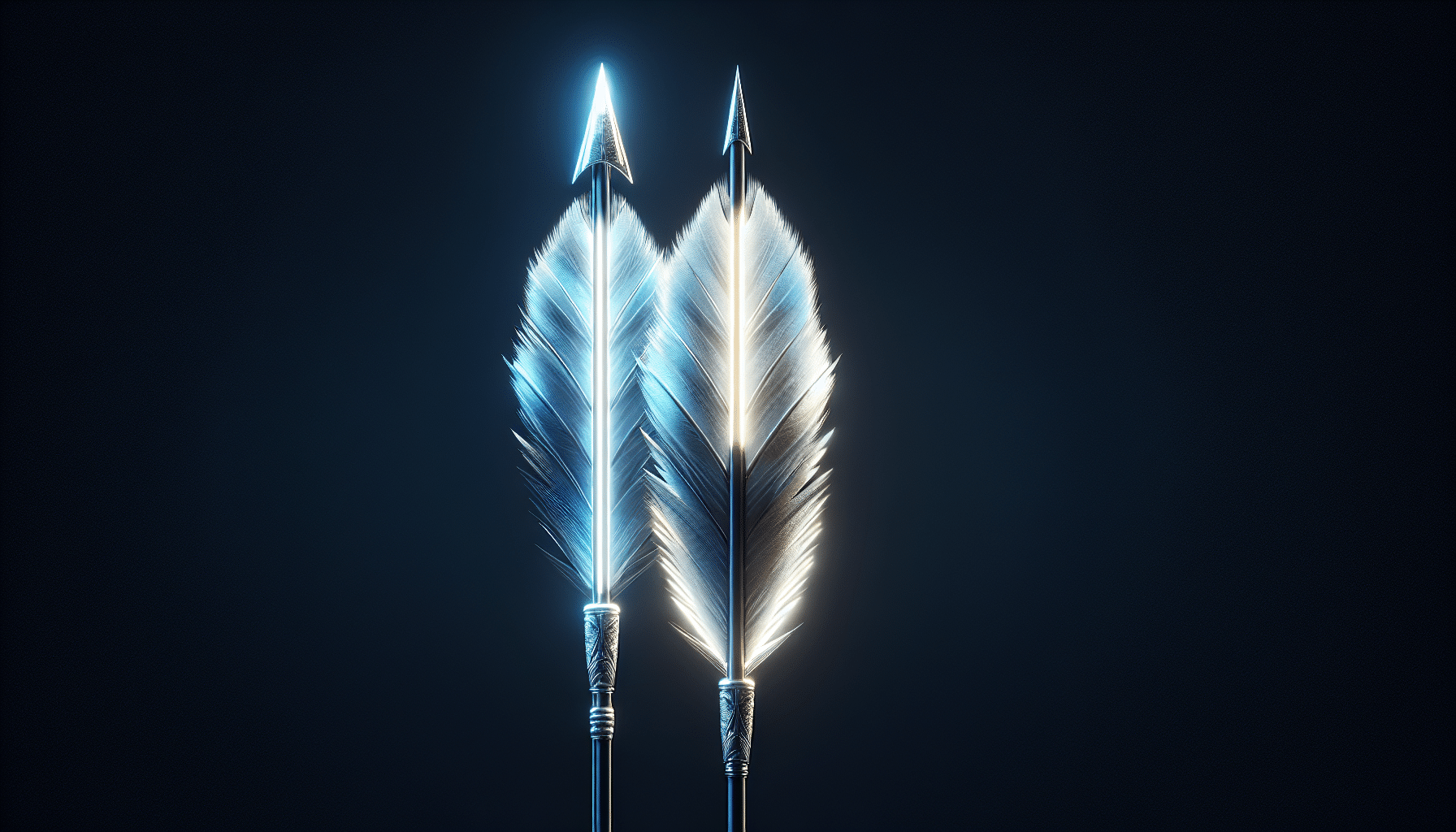 A hyper-realistic image of two arrows, illuminated at their rear ends, one slightly brighter than the other. Both arrows are brilliantly detailed with precision-fletched feathers and intricately carved arrow heads. The arrows are shown in a dark background to highlight their brightness. There are no text, brand names, logos, or human figures within the image.