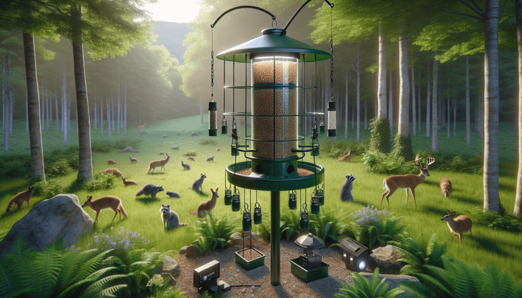 A hyper-realistic image that vividly depicts an outdoor scene with a deer feeder set in a verdant expanse of wilderness. The deer feeder, filled with delectable seeds, stands tall on a sturdy pillar, and it's modified with an ingenious design that prevents small creatures like raccoons from accessing it. The design includes extra long metal sheaths around the feeder's base to keep cunning raccoons at bay. An array of harmless, but dissuading devices like motion-detecting lights are arranged around this area to deter these creatures. No humans, brands, text, or logos are visible in this serene scene.
