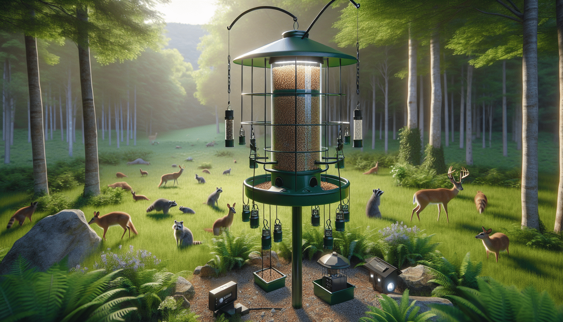 A hyper-realistic image that vividly depicts an outdoor scene with a deer feeder set in a verdant expanse of wilderness. The deer feeder, filled with delectable seeds, stands tall on a sturdy pillar, and it's modified with an ingenious design that prevents small creatures like raccoons from accessing it. The design includes extra long metal sheaths around the feeder's base to keep cunning raccoons at bay. An array of harmless, but dissuading devices like motion-detecting lights are arranged around this area to deter these creatures. No humans, brands, text, or logos are visible in this serene scene.