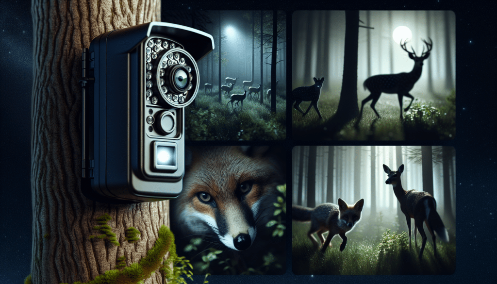 Create a hyper-realistic scene of a slightly blurred nocturnal landscape in the forest. A trail camera is mounted on a tree, its infrared lights glowing subtly. It is actively capturing images of the woodland activity around it - a few deer meandering, a fox sniffing near a bush, an owl perched on a tree branch in the moonlight. The camera's lens is marred slightly with dew drops, thus the images it captures loses some clarity and sharpness. These elements are highlighted without the inclusion of any humans, text, brand names or logos.