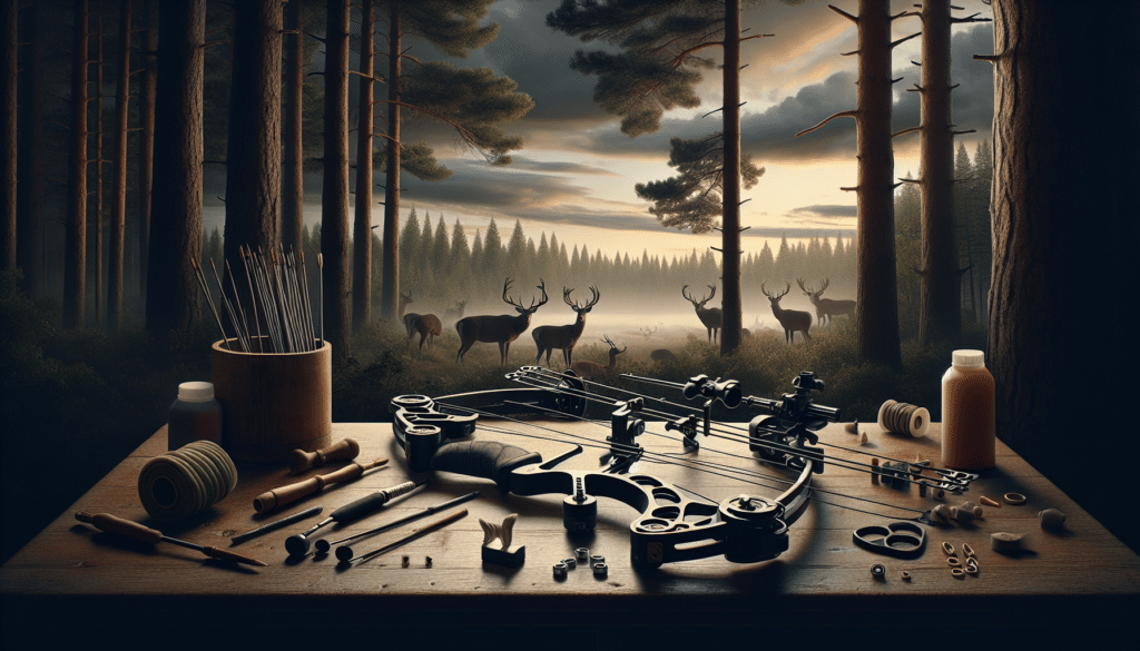 A hyperrealistic image showcasing the quiet process of preparing a bow for deer hunting. The scene prominently features a bow, with a dampening device attached, resting on a sturdy wooden table against the backdrop of a dense forest abundant with pine trees. There are silhouettes of several deer in the distance, under a sky tinged with hues of sunset. Around the bow, scattered on the table, are various tools used for silencing the bow, including limb dampeners, string silencers, and rubber whiskers, giving an idea of the steps involved in the preparation.
