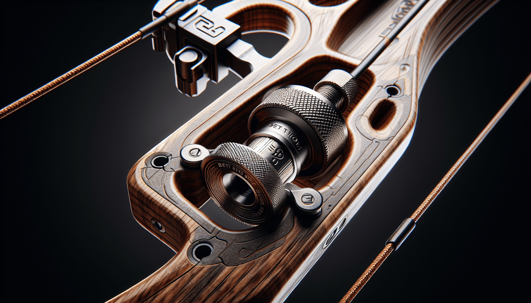 A hyper-realistic image of the best bow string silencer that works. The image showcases a detailed close-up of the bow string silencer located at the center of a well-crafted archery bow. The bow is made from rich wood grain and the string of the bow is tightly strung. The silencer is depicted in detail, demonstrating its effectiveness in reducing the noise of the bow string. It is positioned in a way that immediately draws the eye. There are no people, text, brand names or logos in the image.