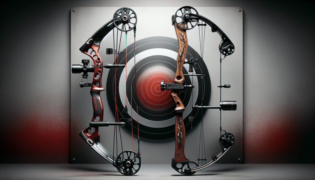 A hyper-realistic image showcasing two bows, one on each side, in fine detail. The bow on the left is sleek, modern, with intricate design elements signifying high-level adjustments, and is integrated with a metallic wired sight and stabilizers. The bow on the right has more classic craftsmanship, featuring a wooden handle adorned with a carved leafy design, and a robust wired sight. Positioned between these bows is a red airbrushed circular target with three black concentric circles. There is no text present on or within the image.