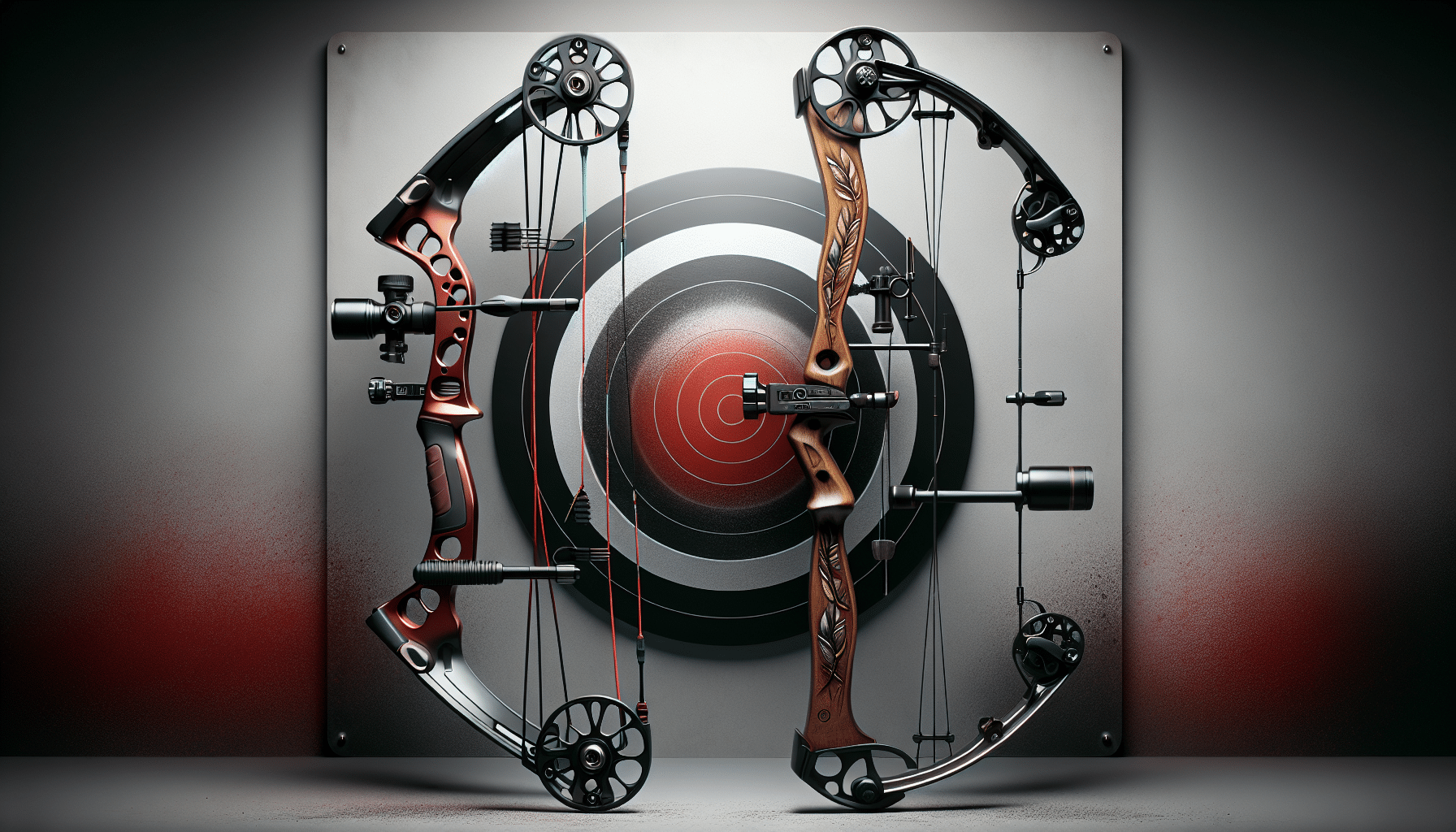 A hyper-realistic image showcasing two bows, one on each side, in fine detail. The bow on the left is sleek, modern, with intricate design elements signifying high-level adjustments, and is integrated with a metallic wired sight and stabilizers. The bow on the right has more classic craftsmanship, featuring a wooden handle adorned with a carved leafy design, and a robust wired sight. Positioned between these bows is a red airbrushed circular target with three black concentric circles. There is no text present on or within the image.