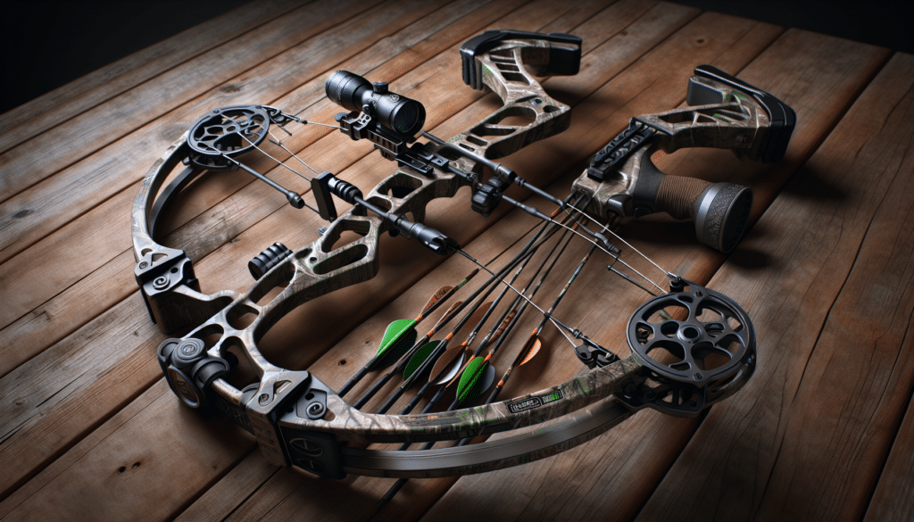 A hyper-realistic image of a high-quality yet affordable compound bow, designed specifically for deer hunting, resting on a wooden table. The bow has an ergonomic grip, powerful limbs, and a state-of-the-art sight. The bowstring is taut and ready for action, while the quiver nearby is stocked with broadheaded arrows, and a camouflage pattern adorns the bow, aiding in blending with the surroundings. Please note the image does not contain any brand names, logos, text or humans.
