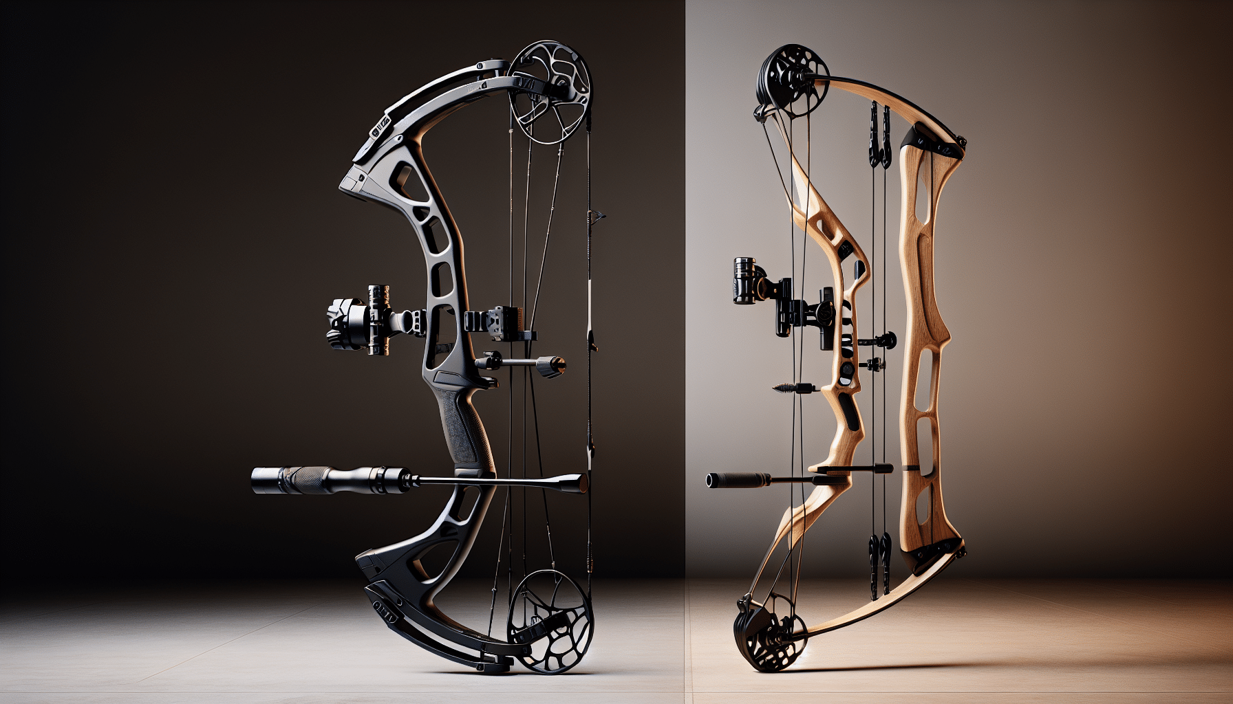 A hyper-realistic image showcasing two distinct types of archery equipment side by side. On the left, there is a modern, high-tech compound bow, sleek and black, its strings tightly strung, ready for action. It features a streamlined shape, with an intricate yet efficient design. On the right, there is a more traditional style of bow, wooden and polished, displaying an elegant simplicity but no less deadly. Both bows are showcased against a neutral background, highlighting their distinctive features and designs. There are no people present, nor any brand names or logos visible.