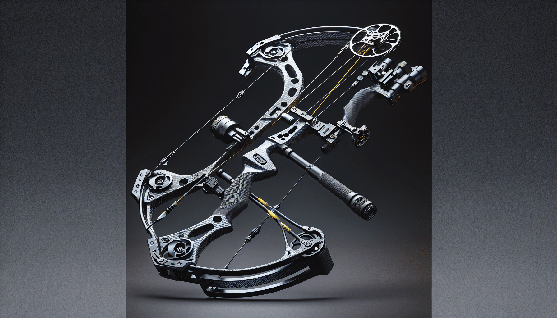 A realistic image featuring two top-tier archery bows side by side. No brand names or logos are visible. The left bow is modern, sleek, and composed of carbon material. It's elegantly designed with high functionality in mind, boasting a cutting-edge, pulley-based system and a smooth grip. The final design program suggests textures reflecting the intricate carbon weave of the bow. The right bow, on the other hand, features upgrades and enhancements, typical of next-gen equipment. This archery bow appears visibly advanced, characterized by a superior architecture that promises precision and power. The grip and bowstring are finely detailed. There are no people in the picture.