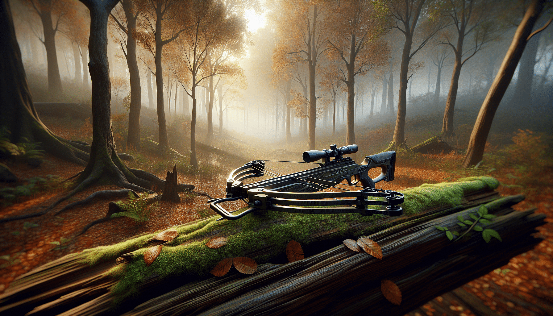 An extremely realistic landscape of a tranquil, dense forest during early fall. The leaves are changing color and the morning haze gently envelops the trees. In the center of the image can be seen a top-tier, nondescript crossbow, one that would be excellent for deer hunting and falls within the budget of 1500. Its precise details, such as the stock, limbs, and the rail, highlight its quality and value. It rests elegantly on an aged, mossy log, symbolizing perhaps a brief respite for the hunter. Although it's priced under 1500, the crossbow exhibits the appearance of a high-end sports equipment. No people, brand names, or logos are present in this serene scene.