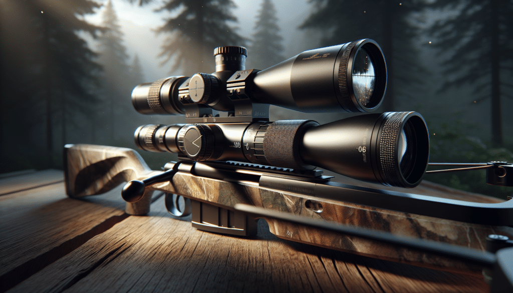 A hyper-realistic visualization of a high-quality crossbow scope, designed specifically for low light hunting scenarios. The crossbow scope has significant light gathering capabilities, denoted by a wide objective lens and a illuminated reticle. The crossbow itself is designed for stealth, with a camouflage pattern. The background is a dimly lit forest, representing the low light hunting environment. There are subtle indications of wildlife in the distance. Please note, the image is devoid of people, text, brand names, and logos.