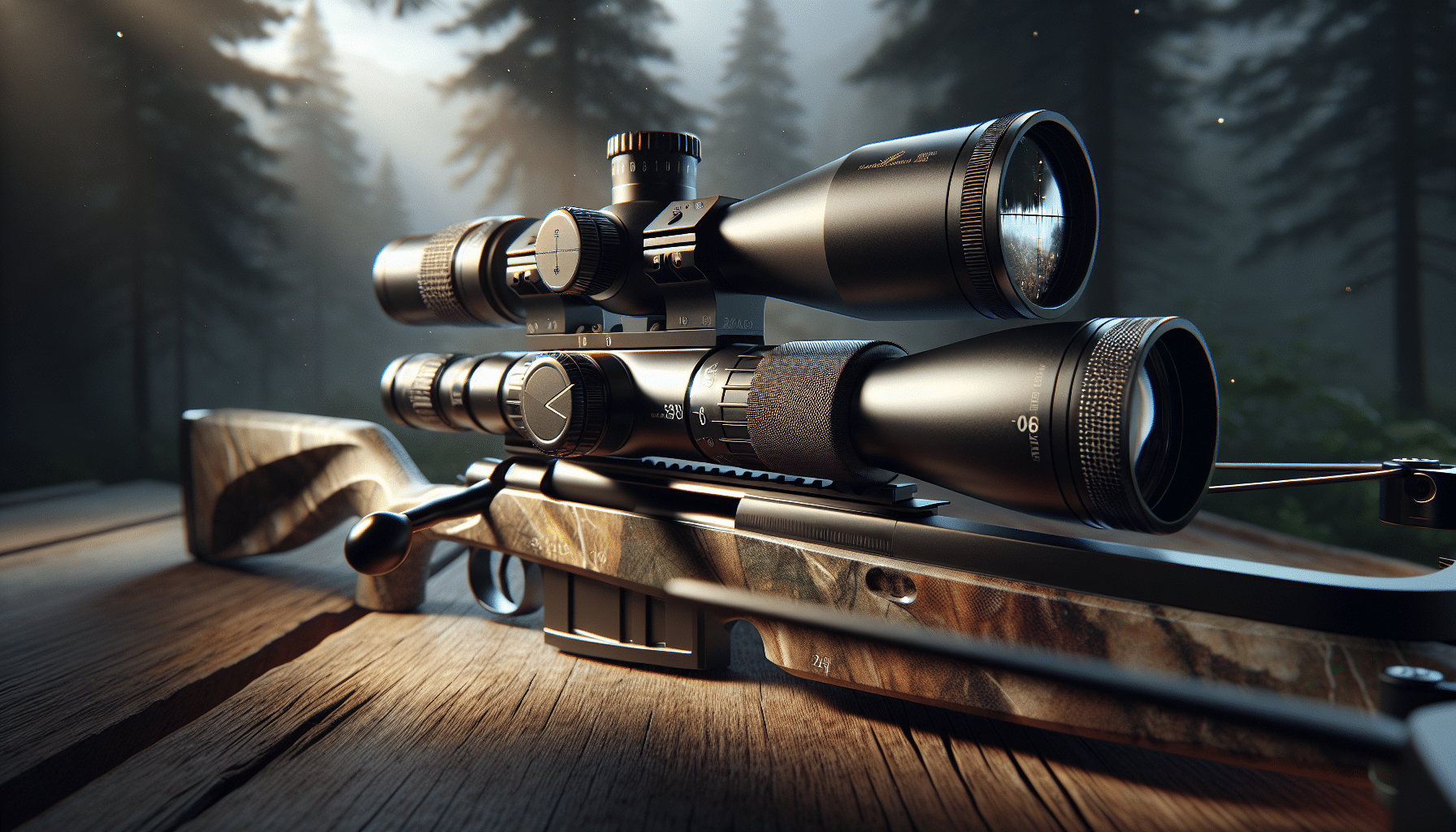 A hyper-realistic visualization of a high-quality crossbow scope, designed specifically for low light hunting scenarios. The crossbow scope has significant light gathering capabilities, denoted by a wide objective lens and a illuminated reticle. The crossbow itself is designed for stealth, with a camouflage pattern. The background is a dimly lit forest, representing the low light hunting environment. There are subtle indications of wildlife in the distance. Please note, the image is devoid of people, text, brand names, and logos.