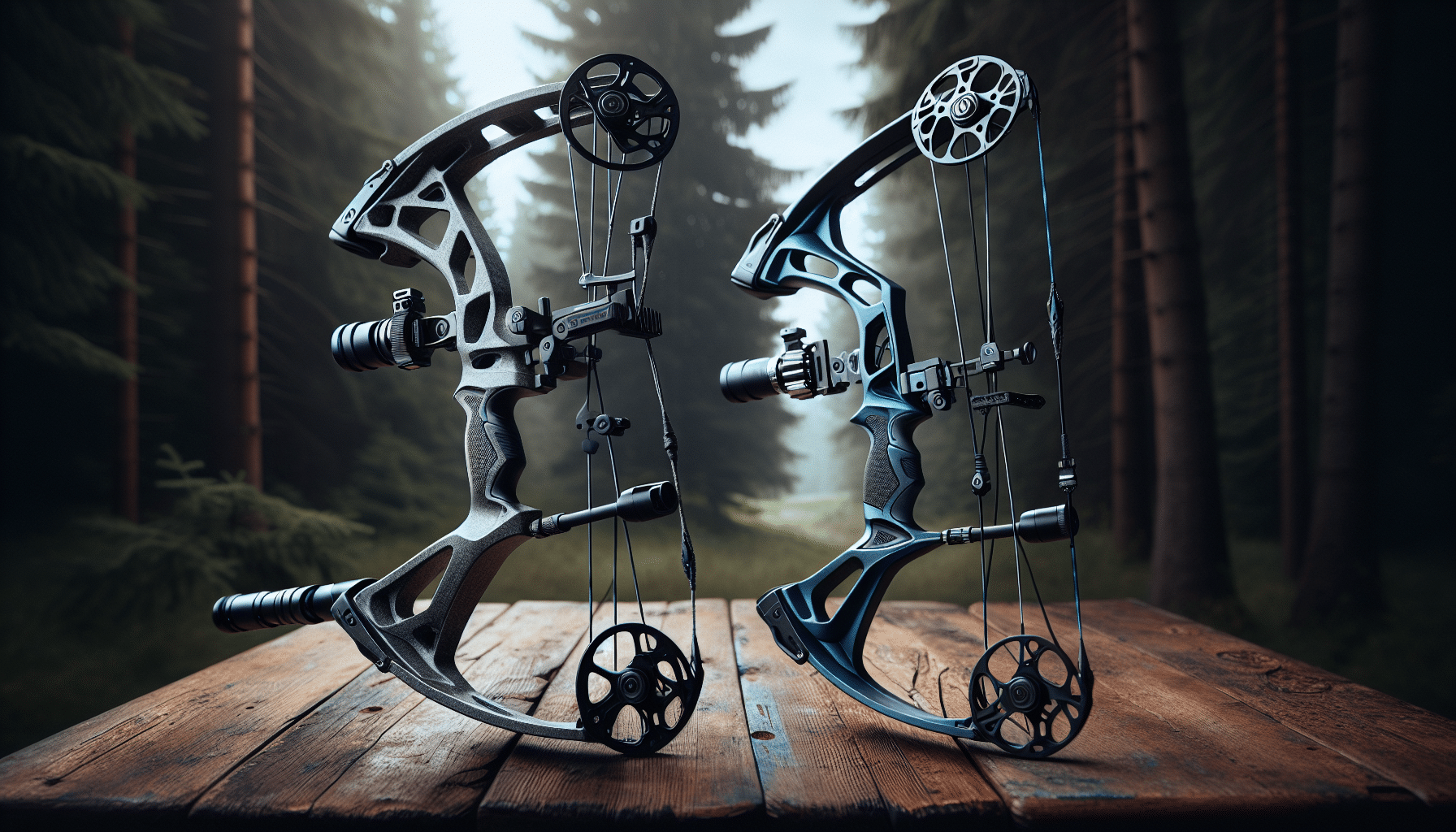 An incredibly realistic image showing two archery bows side by side on an antique wooden table. The bow on the left is robust, designed for power and precision with cam wheels and shot stabilizers with a graphite gray color. The one on the right is more compact and sleek, having a futuristic design with a silhouette reminiscent of modern stealth technology, in a deep royal blue color. Both bows are intimately crafted, each with their own sense of character. A pine forest background can be seen slightly out of focus, hinting at the environment where these bows may be used.