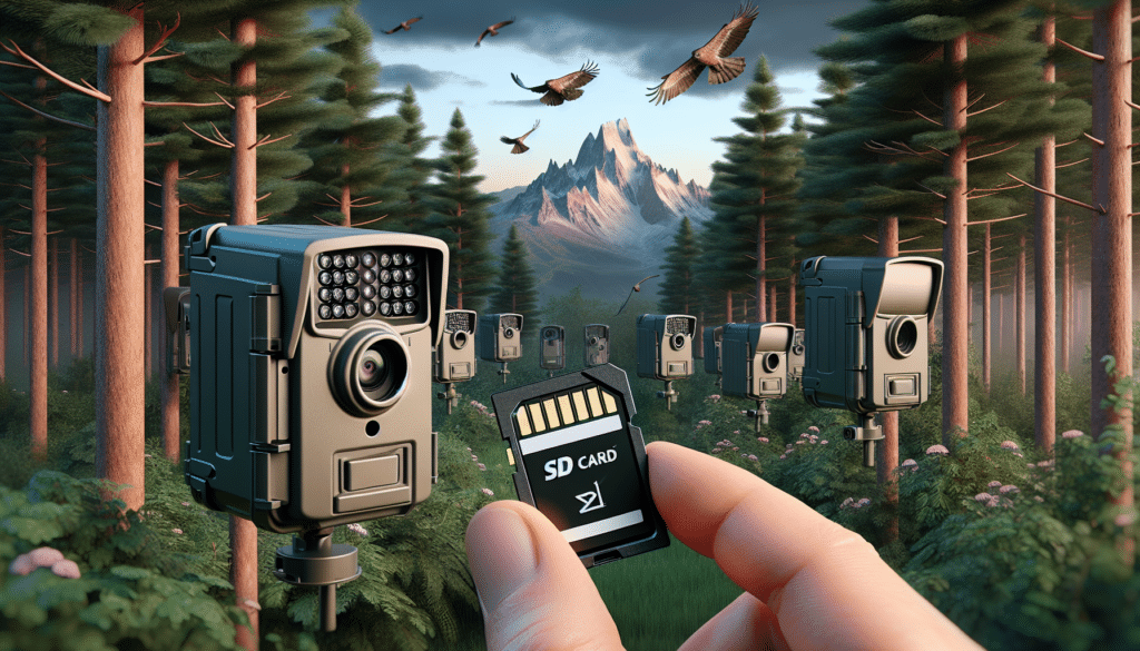A hyper-realistic image of several trail cameras placed strategically in a dense forest setup, with one camera within prominent view. Apart from the cameras, there is a highly focused view of an open SD card slot, with an SD card being inserted into it. The SD card and the camera are devoid of logos or branding. Also depicted are saw-toothed mountain ranges in the background, highlighting the wilderness, and the sky painted with hues of twilight.