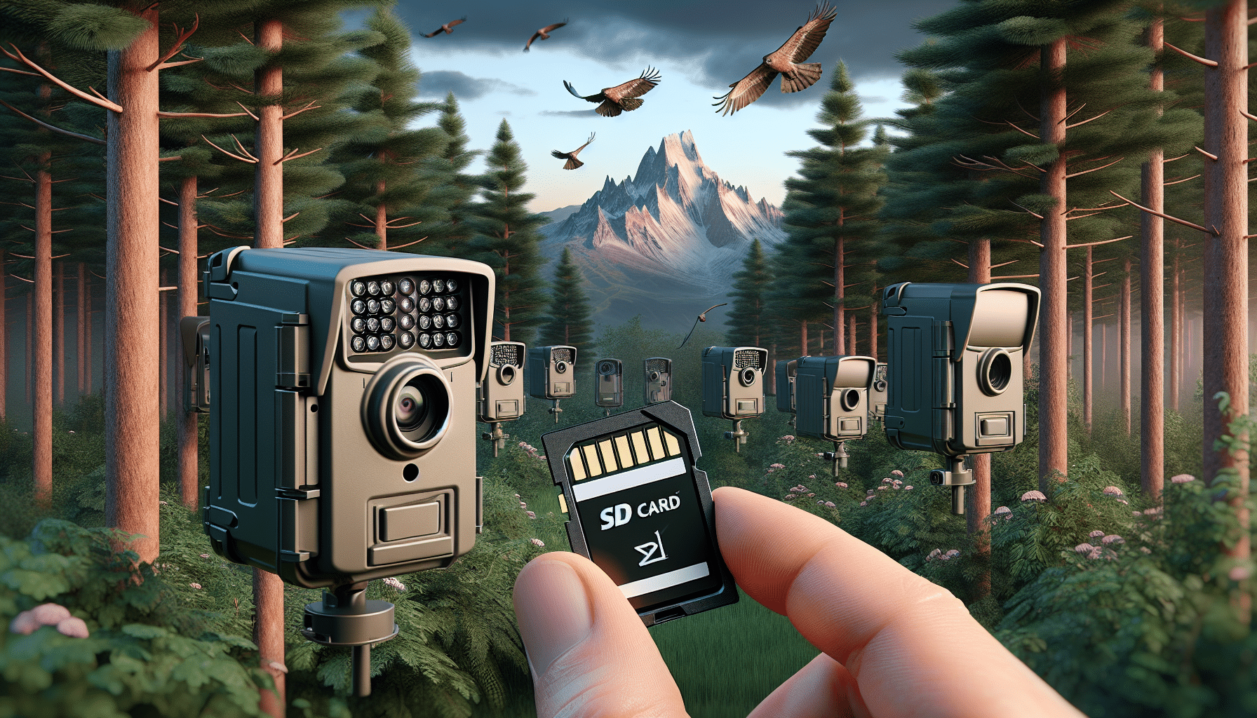 A hyper-realistic image of several trail cameras placed strategically in a dense forest setup, with one camera within prominent view. Apart from the cameras, there is a highly focused view of an open SD card slot, with an SD card being inserted into it. The SD card and the camera are devoid of logos or branding. Also depicted are saw-toothed mountain ranges in the background, highlighting the wilderness, and the sky painted with hues of twilight.