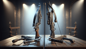 Two medieval-style crossbows side by side, one with intricate detailing and a broad sweeping arc.