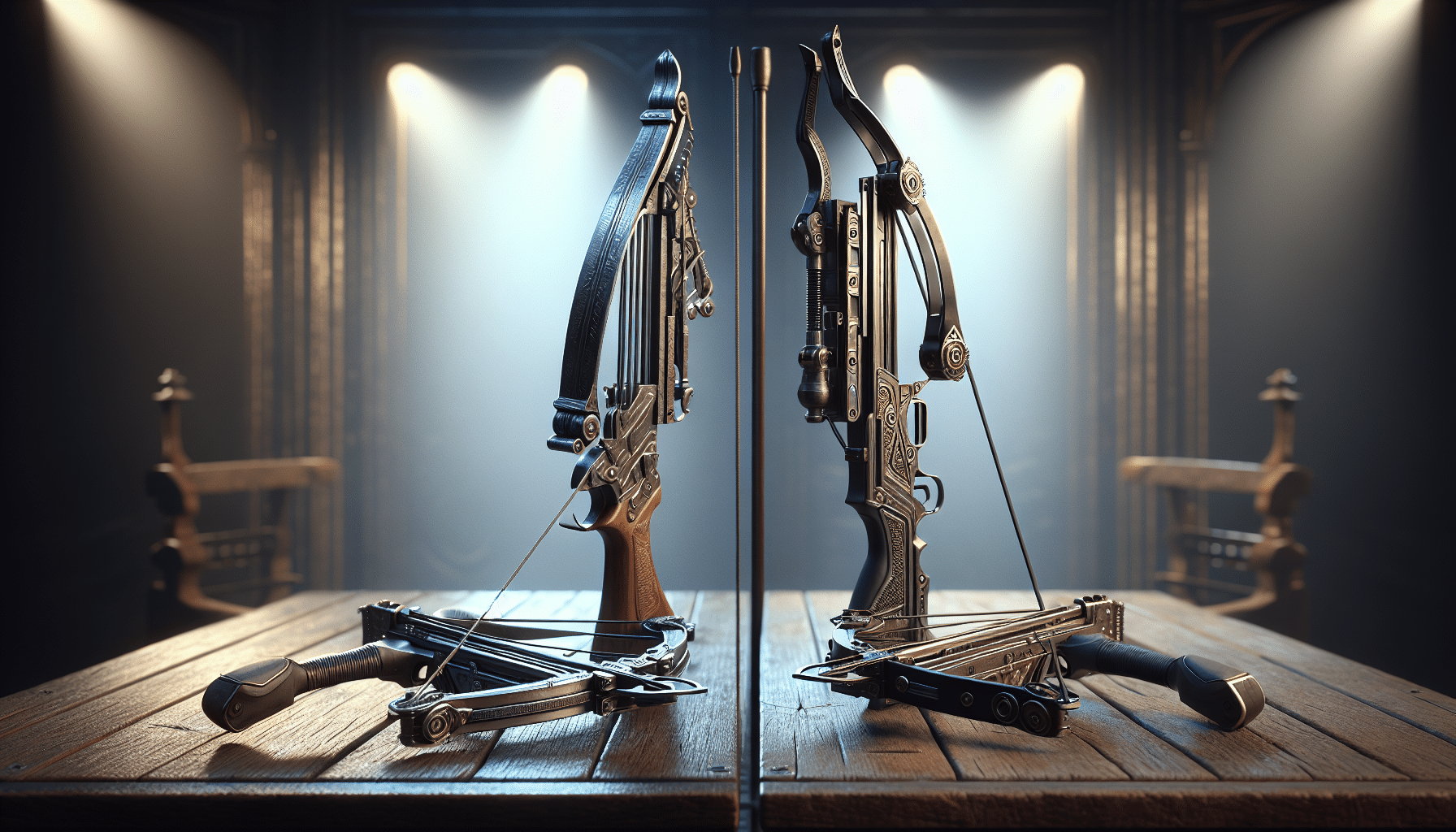 A hyper-realistic comparison of two distinct styles of medieval crossbows, without any people or text. The first crossbow on the left is designed with intricate detailing and has a broad, sweeping arc that gives it a regal, classic look, alluding to the Excalibur style. The next, on the right, appears more modern and compact, with tightened arcs and an efficient, sleek shape that alludes to the TenPoint style. Each crossbow sits on a rustic wooden table, illuminated by soft, ambient lighting from above. They sit side by side, inviting close observation and comparison.
