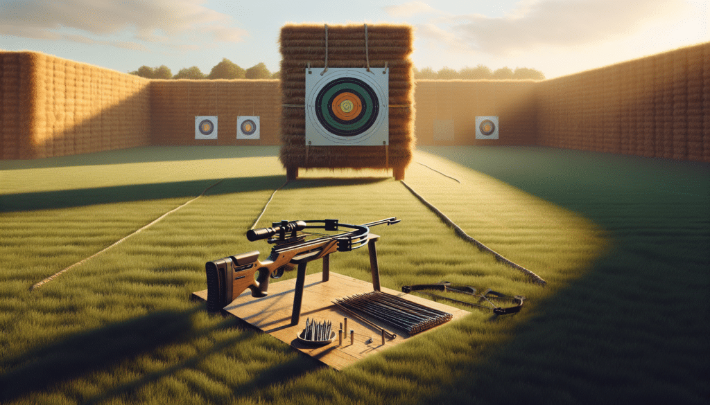 Generate a hyper realistic scene of a grass-laden shooting range that is 20 yards long. At one end, a crossbow is securely placed on a table alongside bolts, its string taut and ready. At the other end, a round target with concentric circles mounted on a haystack is stationed to measure accuracy. Please abstain from including any people, text or brand names in the image. Illuminate the scene with warm afternoon light, causing long shadows to stripe across the manicured grass and adding serenity to the otherwise focused environment.