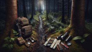 An incredibly realistic scene showing a dense forest during the twilight. A narrow dirt trail wends its way through the undergrowth, characterized by a subtle and hardly noticeable darkening of the soil that may imply the ongoing or past passage of a bleeding animal. To the side, there's a high-quality survival backpack, with a variety of hunting and tracking tools scattered around it like compass, maps, flashlight, and first aid kit, all brandless and devoid of text. The entire scene is permeated with a sense of mystery and subtle anxiousness.