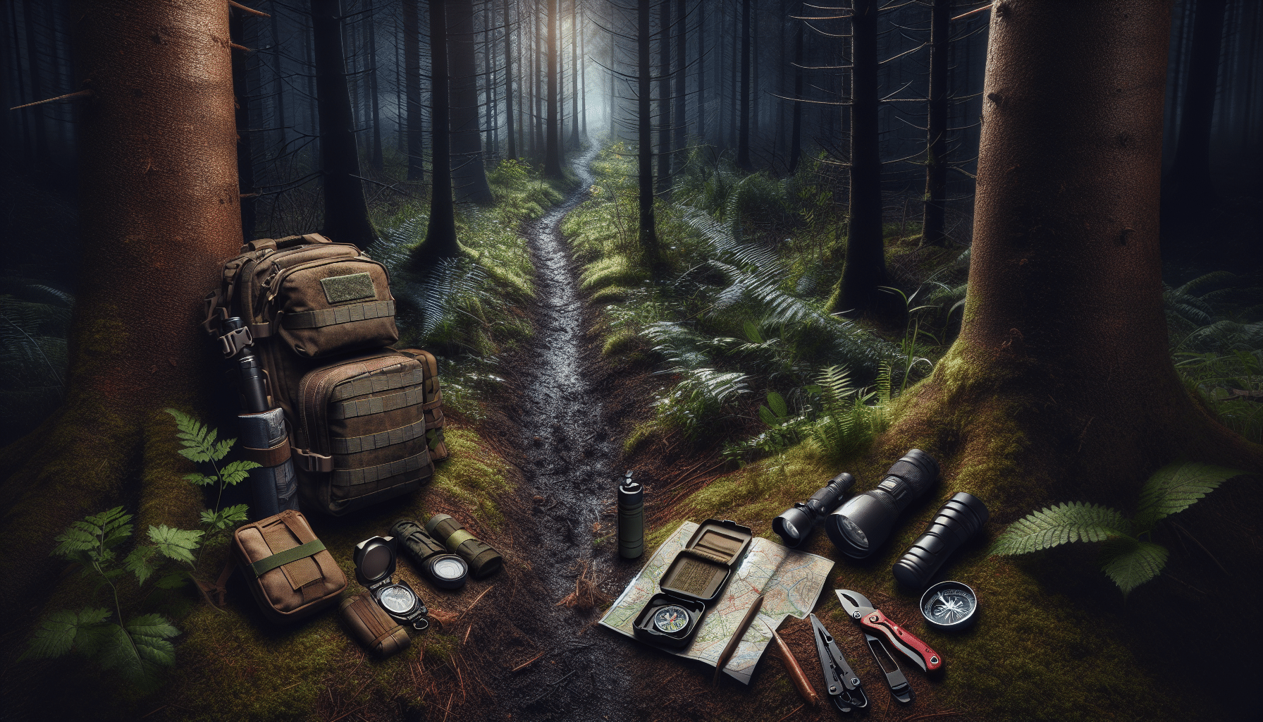 An incredibly realistic scene showing a dense forest during the twilight. A narrow dirt trail wends its way through the undergrowth, characterized by a subtle and hardly noticeable darkening of the soil that may imply the ongoing or past passage of a bleeding animal. To the side, there's a high-quality survival backpack, with a variety of hunting and tracking tools scattered around it like compass, maps, flashlight, and first aid kit, all brandless and devoid of text. The entire scene is permeated with a sense of mystery and subtle anxiousness.
