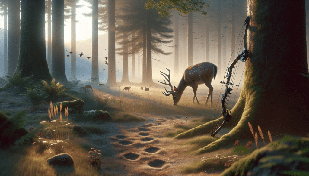 A hyperrealistic image of a tranquil forest scene during dawn, bathed in soft, first-light colors. A deer with a slightly visible mark on its liver area grazes peacefully, with its alert senses showcased by perked up ears and eyes. Nearby, a bow and arrow are gently placed against a tree trunk, the opacity suggesting they're merely set aside temporarily. Traces of small wildlife and chirping birds in flight give life to the serene atmosphere. Light footprints lead from the bow towards the distance, implying the hunter's respectful patience.