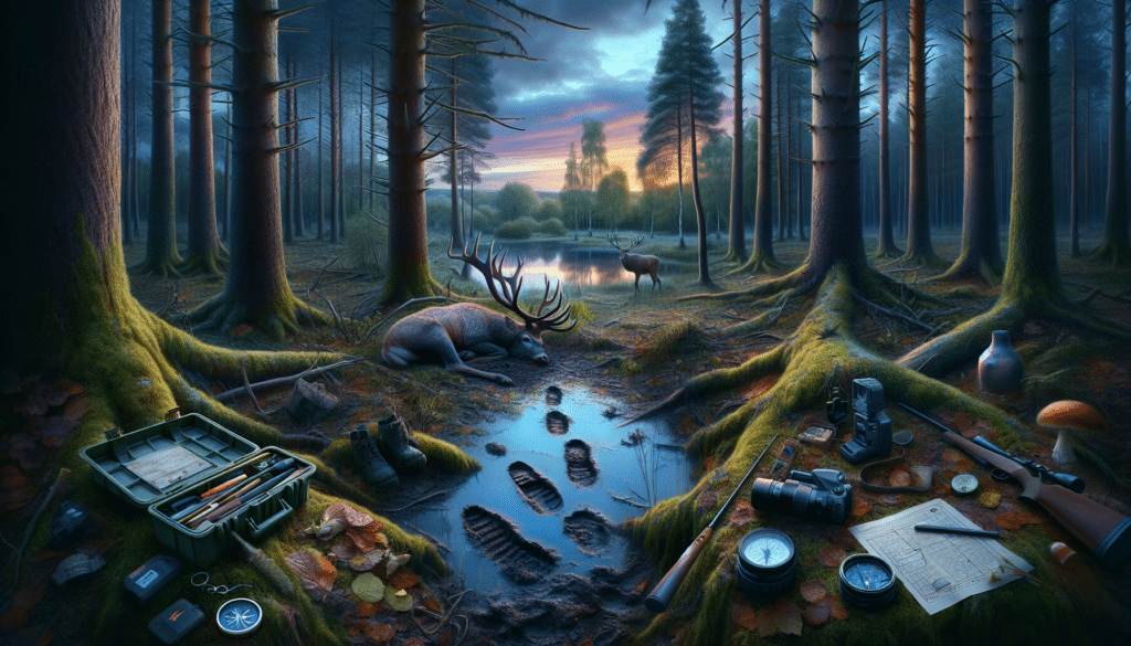 An extraordinarily detailed, hyper-realistic image of a tranquil forest setting. Barely visible through thickets of imposing trees, a wounded deer is seen resting peacefully. Around it, gentle indicators of deer tracks imprinted on fallen leaves and muddy patches suggest recent activity. Pointers and objects such as a field dressing kit, a compass and an untouched, unbranded trail camera are scattered in the foreground, hinting at the preparations of a responsible hunter. The vivid colors of the dusk sky are reflected subtly on a nearby tranquil lake. There are no people, text, brand names, or logos depicted within the scene.