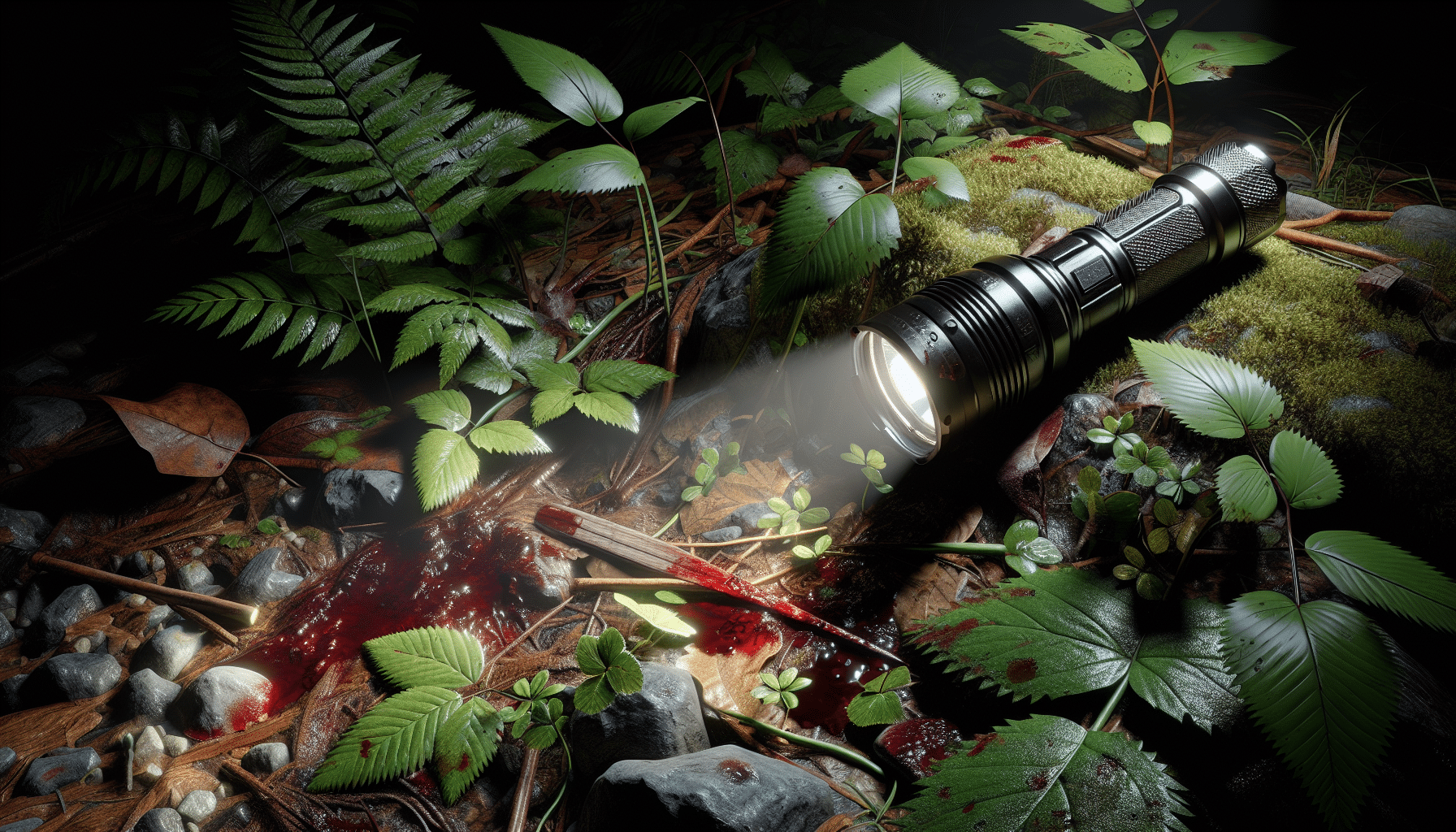 A hyper-realistic depiction of a rugged, high-powered flashlight alongside traces of blood on the foliage terrain of a dense forest at night. The flashlight illuminates an area showcasing its piercing contrast against the darkness. The foliage includes various plants, dirt, stones, and leaves. There are droplets of blood on leaves and the ground. The scene is illuminated by the cool, bright beam of the flashlight, casting long, dramatic shadows and emphasizing the quiet solitude of the woods.