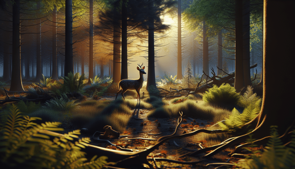 A hyper-realistic image showcasing a serene, expansive forest during dusk. The sun casts a warm glow through the trees creating an intricate play of shadows on the forest floor. Amidst the dense foliage, a deer stands subtly camouflaged. With keen eyes, attentive ears, and a graceful stance, it seems aware of its surroundings. To its side, there is no apparent injury or blood, highlighting the idea of silently tracking this beautiful creature merely through its distinct physical attributes and tracks. Scattered around are small signs of its presence - faint deer tracks on the soft soil, broken branches, and tufts of fur caught on low bushes.