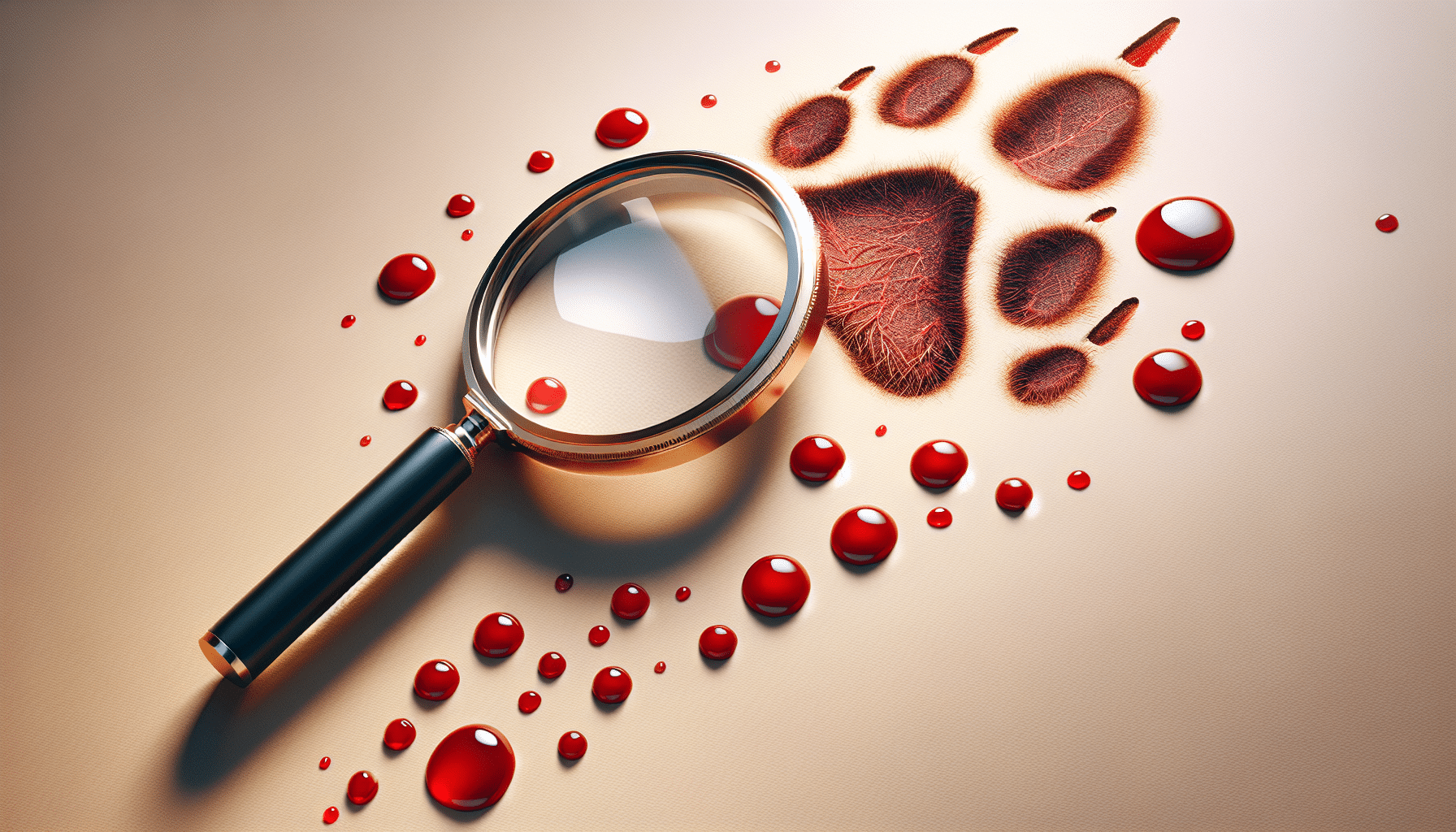 A hyper-realistic image showcasing a magnifying glass examining small drops of bright red blood on a beige background, signifying tracking. The blood trail leads to a paw print, presumably from a wild animal. The paw print is also stained with a bit of red, indicating recent bleeding. The overall detailed representation illuminates the title concept in a non-violent manner. No people, text, or brand names are included in the visual narrative.