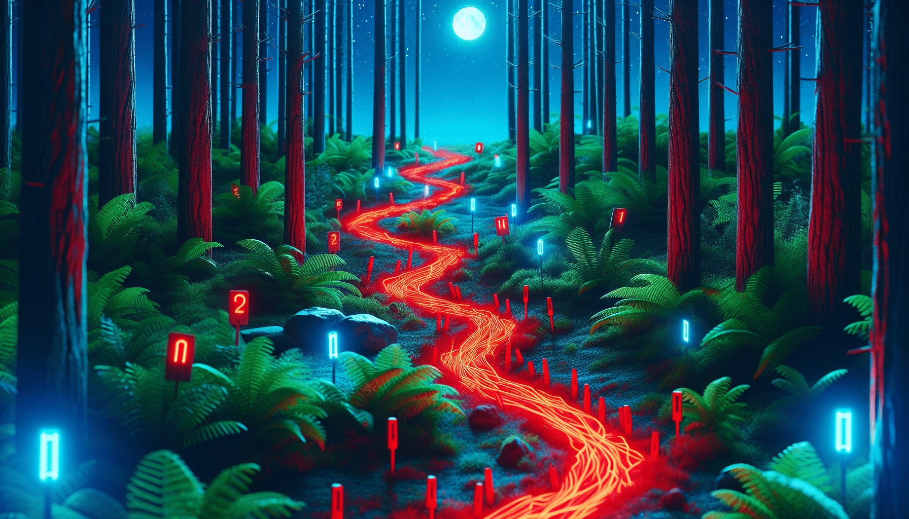 A vibrant, accurately detailed, nighttime scene in the forest. Visible in the center is a bright red, luminescent trail which is inferred as a blood trail due to its color and winding nature. There are glow-in-the-dark markers alongside the trail, with notches cut into the trees to mark the path. The full moon is high in the sky, its silvery light filtering through the dense vegetation, creating a natural spotlight that illuminates particular sections of the trail. The entire scene is void of human presence emphasizing the trail and its markers solely.