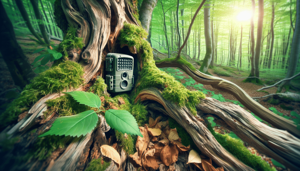 Generate a hyper-realistic image of a forest setting. Focus on showing a trail camera, seamlessly camouflaged within gnarled tree bark. Emphasize how natural elements like moss, fallen leaves, and tree bark blend with the color and texture of the camera to hide it. Ensure that there are no human figures, text, or identifiable brand names in the image. Also, depict spots of soft sunlight filtering through the overhead foliage to add depth and enhance the realism of the scene.