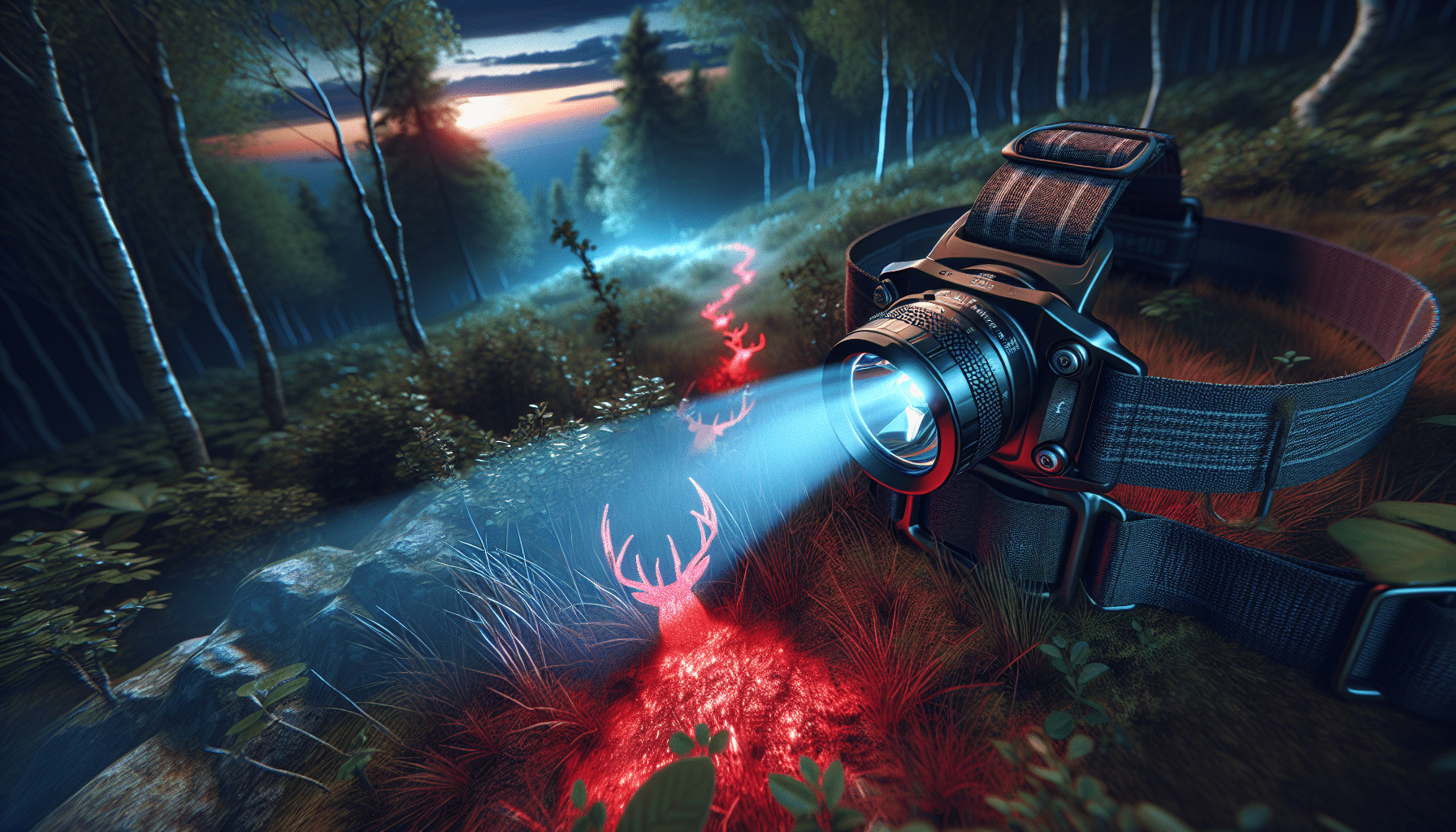 A hyper-realistic image depicting a high-quality headlamp, designed specifically for tracking deer. The lamp is mounted on a sturdy, dark-colored strap, adjustable for various head sizes. The light beam emitted is intense and far-reaching, illuminating the forest terrain in a cool blue hue. It's focus is on crimson splatters, indicating deer trails, strongly contrasted against the foliage. No human presence is visible, and there are no text or brand logos visible in the image. It's an evening setting, with the setting sun casting long, dramatic shadows over the woodland.