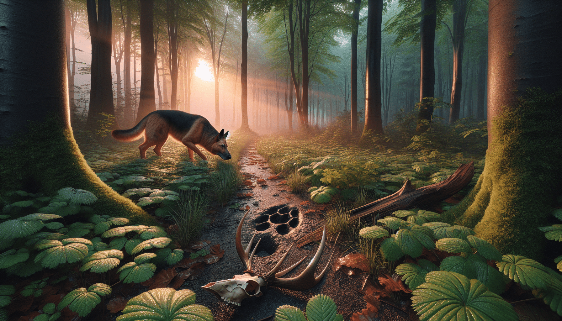 A hyper-realistic image of a dense forest at dawn. The hues of soft orange and pink streak the sky peeping through the canopy of leaves. A pristine deer track is seen in the damp mud along with a discarded antler nearby. A German Shepherd dog, known for their tracking abilities, is depicted with its nose proverbially to the ground, sniffing out the trail. Make sure to depict the alertness and concentration of the dog. The grass and foliage have morning dew on them and the forest seems to glitter with the incoming sunlight. There are no people, text, brands, or logos.