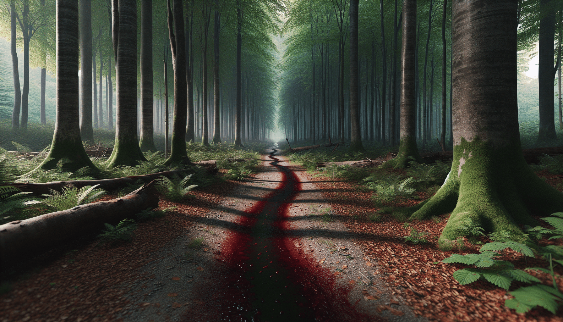 A hyper-realistic visual representation of a trail of dark blood on an untouched forest path. The path is strewn with fallen leaves and the sidelines are adorned with tall, towering trees. Sunlight filters through the canopy of leaves overhead, creating an atmospheric contrast between light and shadow. There are no people, brand names, or logos present in the image and text is noticeably absent. The image is silent, serene, except for the dark blood trail leading further into the forest, which stands out starkly against the natural earthy tones. The quality of the blood color noticeably indicates its darker hue.