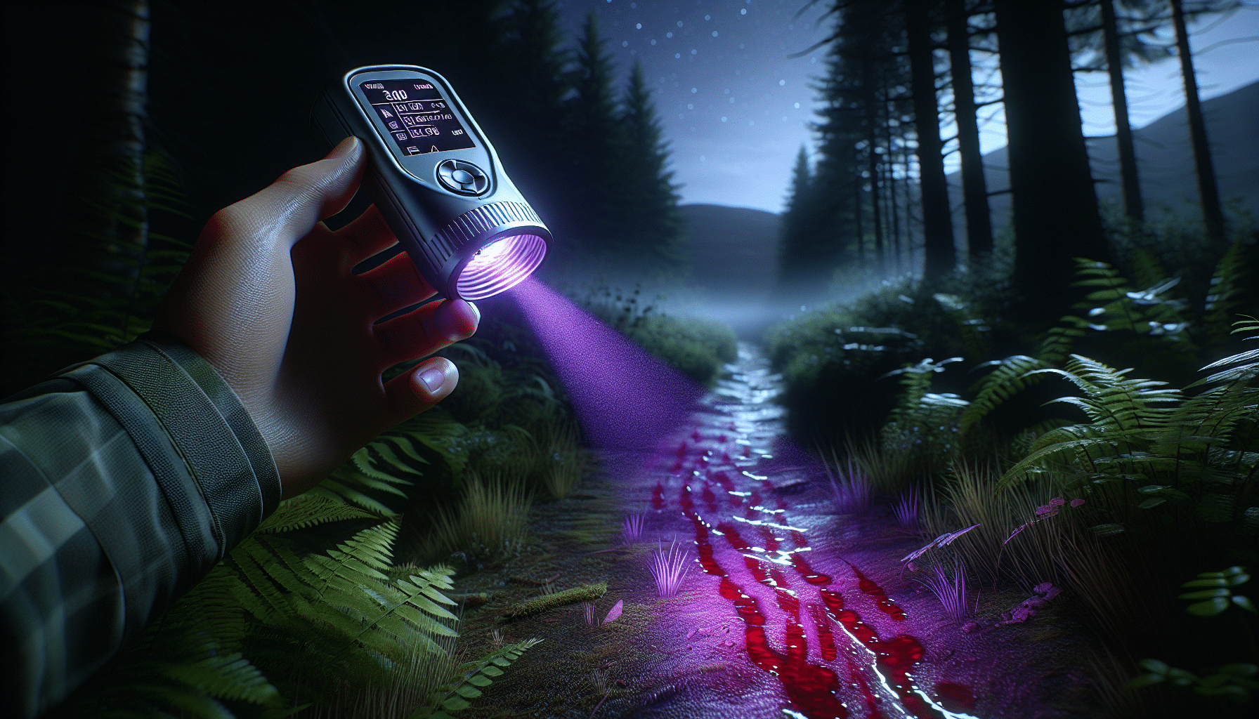 A hyper-realistic image of a UV blood tracking light in a natural setting at night. The UV light is switched on, casting a purple hue and illuminating an otherwise dark forest trail that suggests the presence of unseen wildlife. The UV light uncovers trace amounts of animal blood on the trail not easily seen by the naked eye, highlighting the device's efficacy. The primary focus of the image, the UV blood tracking device, is held aloft by an unseen hand. The image does not contain any people, text, brand names, or logos.