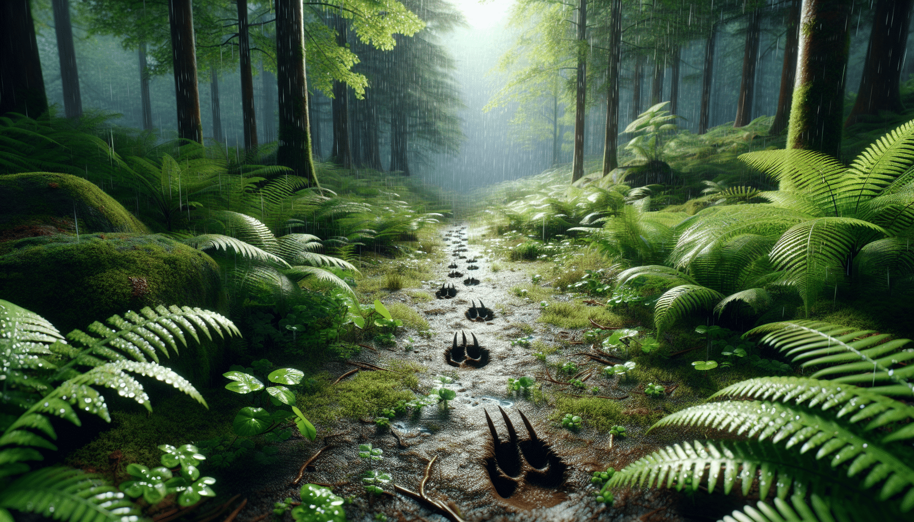 A hyper-realistic depiction of forest during a light rain shower. Raindrops are falling on verdant foliage, illuminating the scene with a fresh and vibrant feeling. In the foreground, a set of fresh deer tracks are imprinted on the muddy ground, leading further into the forest. Without people or brand names, the image focuses solely on the vastness of the natural environment and the subtleties that come with animal tracking.