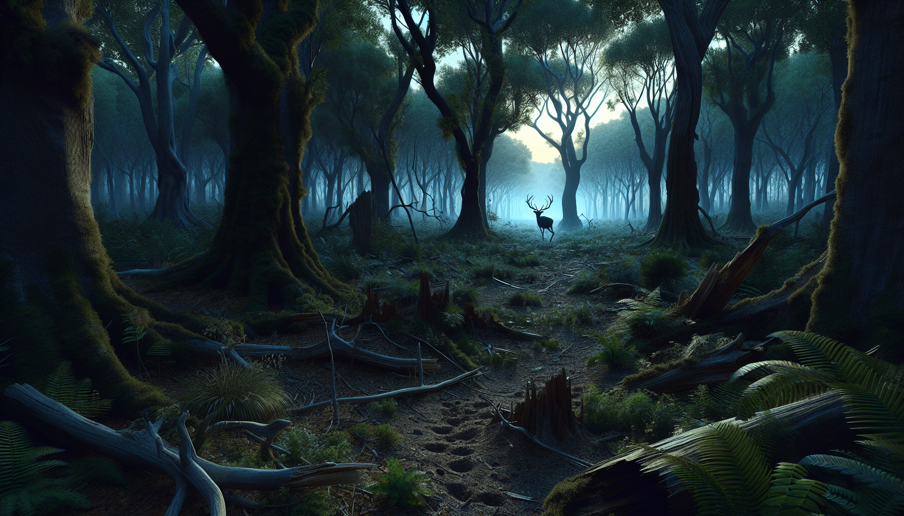 A hyper-realistic image showcasing an expansive forest landscape during the twilight hours. The lush forest is made up of towering, gnarled trees with thick foliage, acting as a deep veil of cover. There are visible signs of wildlife presence, such as faint hoofprints on the soft soil and broken twigs. In the distance, the silhouette of a deer darting into the dense vegetation, its antlers briefly catching the last rays of the setting sun, can be subtly seen. The overall image should give a sense of mystery and intrigue, hinting at the challenge of tracking a deer that has run into thick cover.