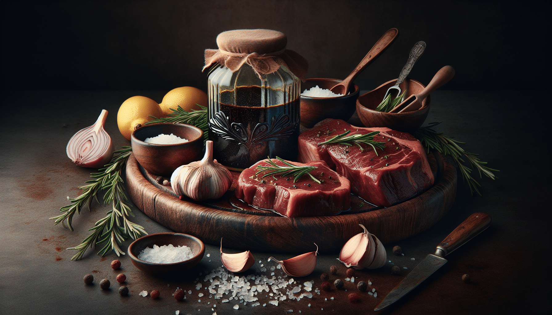 A hyperrealistic still life is presented that is ideal for an article titled 'Best Venison Marinade for Steaks'. The central focus is a timber cutting board where raw venison steaks are displayed, their dark reddish-brown hues contrasting with the wooden surface. Besides the meats are locally sourced, organic ingredients thoughtfully laid out: cloves of garlic, branches of Rosemary, lemon wedges and a sprinkle of sea salt. A vintage style glass container filled with a dark, tantalizing Marinade sits next to the food items, giving the audience a glimpse of the featured marinade. No people, text, brand names, or logos are visible.