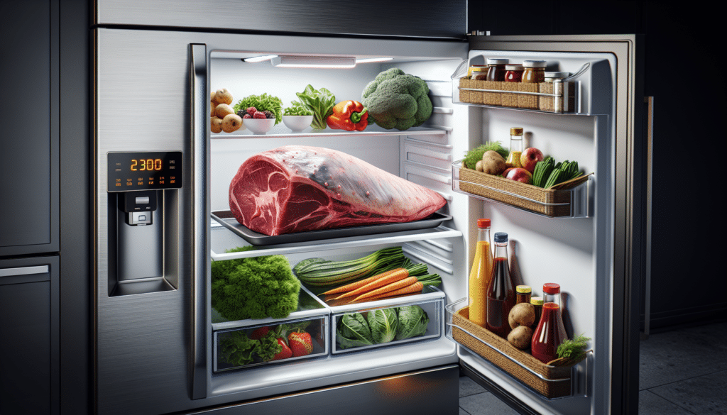 A highly realistic image of a large piece of raw deer meat resting on a glass baking dish inside a modern refrigerator. It is surrounded by fresh produce including leafy greens, carrots, and a straw basket containing a variety of fruits. In the door, there are condiments like mustard, ketchup, and soy sauce. A digital temperature display inside the fridge door shows the exact temperature settings. The light inside the refrigerator provides a crisp and clean illumination over the items inside. The refrigerator is stainless steel, modern, and spotlessly clean.