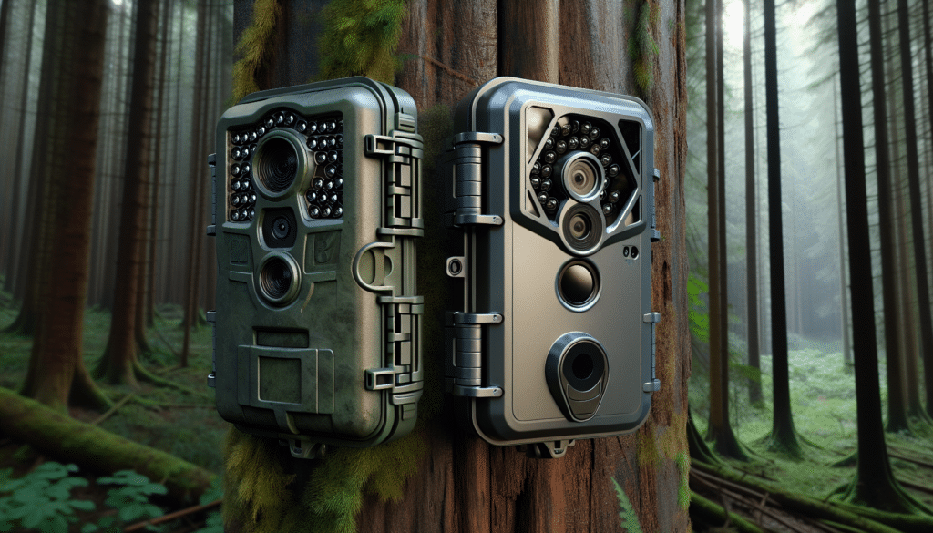 Two high-quality trail cameras, side by side, without any brand names or logos. One appears slightly more rugged with a darker, moss green casing and an array of infrared lights and a lens in the center. The other camera is flat grey, with a more streamlined design, showcasing a large lens and fewer, but larger infrared lights. Both are securely mounted on tree trunks in a dense evergreen forest. The attention to detail and lighting give the image a hyper-realistic feel, reflecting the late daylight creeping from the forest canopy.