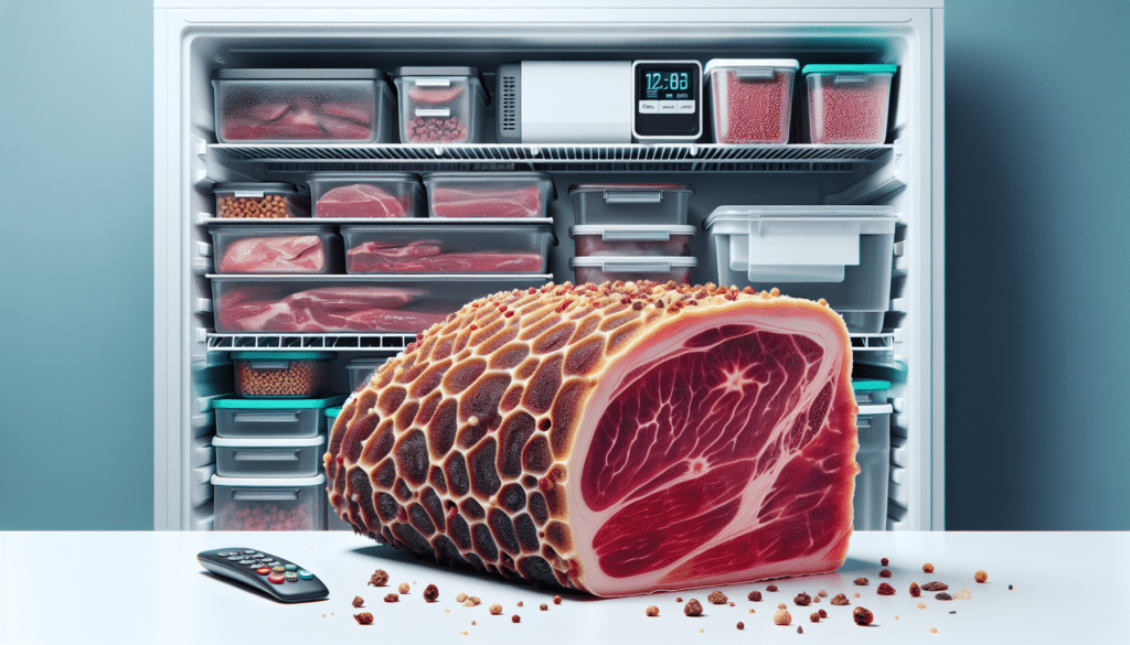 A hyper-realistic image detailing a slice of venison meat with superficial visual signs of freezer burn, such as dry spots and discoloration. The venison slice is set against the backdrop of an organized freezer interior with neatly stacked airtight, generic storage containers and freezer-safe bags. As an indirect clue to prevention methods, a vacuum sealer machine can be visible on a nearby countertop, indicating the importance of proper packaging in preventing freezer burn. Please ensure that there are no people, brand names, logos, and any form of text included within the image.