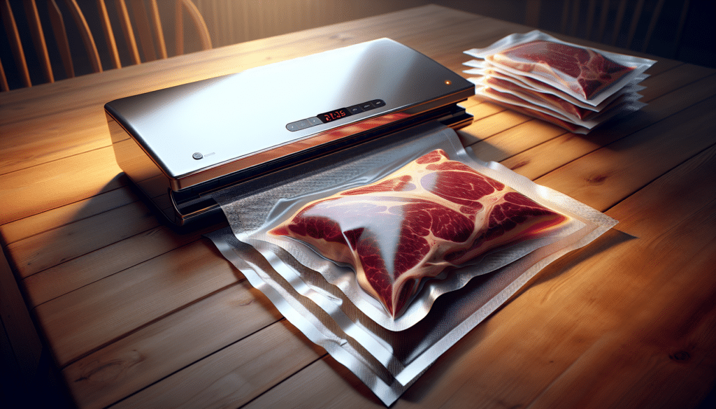 A highly rendered, hyper-realistic still life. The scene is set on a wooden kitchen table under soft, warm lighting. In the center, there is a shiny, sleek vacuum sealer, devoid of any distinguishing or specific brand marks. On one side of the vacuum sealer, there are multiple vacuum sealer bags. On the other side is a perfectly sealed, rectangular package of fresh, raw deer meat. The meat inside the bag has a rich, inviting reddish hue, emphasizing its freshness. No text or logos are visible in the entire scene.