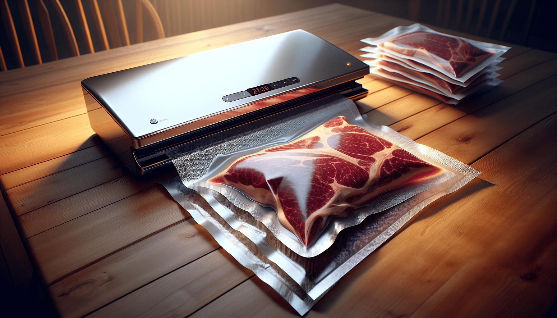 A highly rendered, hyper-realistic still life. The scene is set on a wooden kitchen table under soft, warm lighting. In the center, there is a shiny, sleek vacuum sealer, devoid of any distinguishing or specific brand marks. On one side of the vacuum sealer, there are multiple vacuum sealer bags. On the other side is a perfectly sealed, rectangular package of fresh, raw deer meat. The meat inside the bag has a rich, inviting reddish hue, emphasizing its freshness. No text or logos are visible in the entire scene.