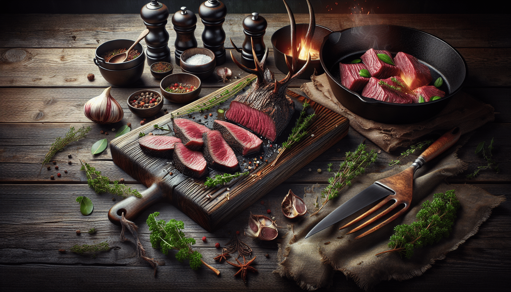 Create an extremely hyper-realistic image showcasing the meticulous procedure of cooking deer backstrap, focusing on flavor enhancement and succulent textures. Visualize a chopping board with perfectly cut slices of raw deer backstrap meat marinated with a selection of herbs and spices. Beside it, exhibit a cast iron skillet exuding a gentle sizzle. Also, display multiple garnishing elements like fresh herbs and a wooden spoon prepped for stirring. The ambience should convey a master chef's kitchen with finely polished steel equipment and a rustic wooden countertop, lacking any trace of logos, brand names, text, or humans.