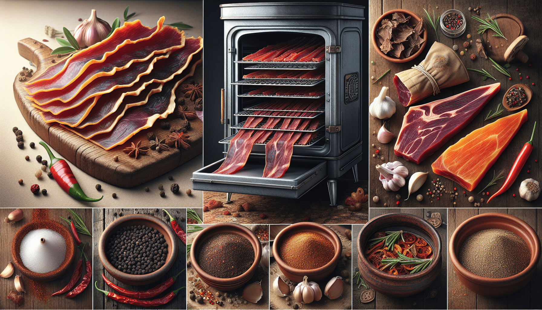 A hyper-realistic image presenting various items related to the process of making deer jerky without a dehydrator. In focus should be fresh deer meat carefully cut into strips, appearing raw and vivid. Also showcased are a large variety of organic spices, including whole black peppercorns, red chili flakes, garlic cloves, and mustard seeds, in ceramic rustic bowls. Include a traditional oven with its door slightly open showing a cooling rack inside, and a fan blowing gentle air towards the oven. All elements should have a quality feel, with intricate details and depth, but no discernible brand names, logos, or text.