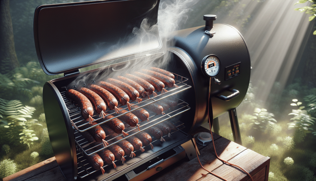 A hyper-realistic image showcasing an outdoor scene. In it, there's a well-used smoker, lid ajar, releasing thin wisps of smoke. On the racks inside the smoker, several pieces of deer summer sausage are being smoked. The light play emphasizes the texture and shininess of the sausage. The smoker is carefully calibrated with a close-up view of a temperature gauge that reads the optimal temperature for smoking deer summer sausage. The overall ambiance suggests a quiet, solitary task being performed with care and precision. Background should be filled with lush greenery but it's slightly blurred to focus on the main elements.