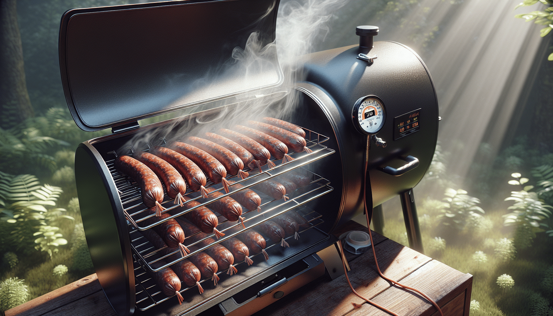 A hyper-realistic image showcasing an outdoor scene. In it, there's a well-used smoker, lid ajar, releasing thin wisps of smoke. On the racks inside the smoker, several pieces of deer summer sausage are being smoked. The light play emphasizes the texture and shininess of the sausage. The smoker is carefully calibrated with a close-up view of a temperature gauge that reads the optimal temperature for smoking deer summer sausage. The overall ambiance suggests a quiet, solitary task being performed with care and precision. Background should be filled with lush greenery but it's slightly blurred to focus on the main elements.